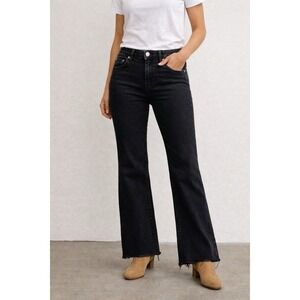 AMO Bella High Rise Flare Jeans Womens 29 Black Oak Raw Hem $290 USA Distressed